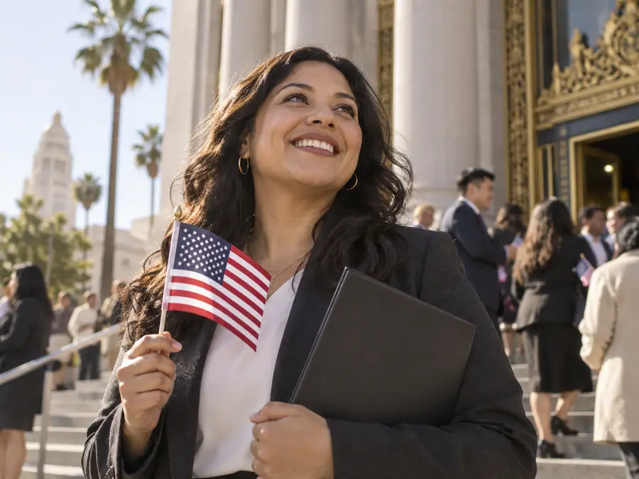 New United States citizen holding an American flag