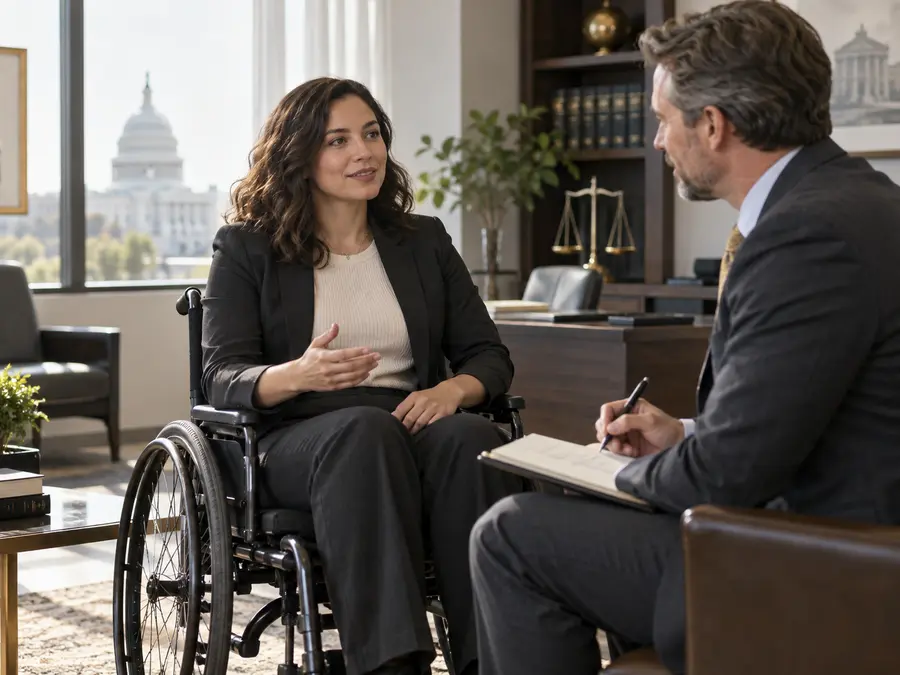 Professional using a wheelchair speaking with legal counsel