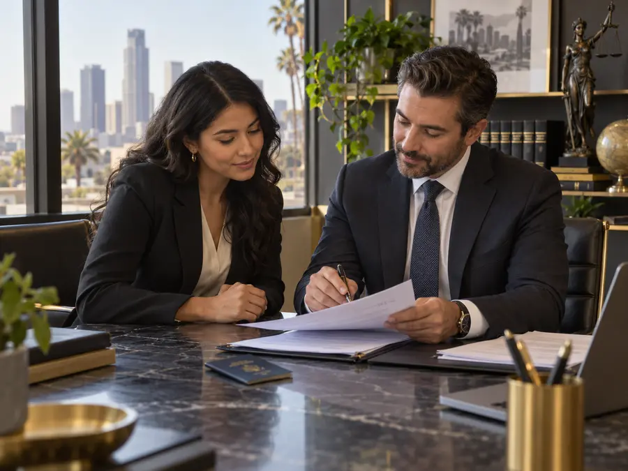 Attorney reviewing employment visa documents with a professional